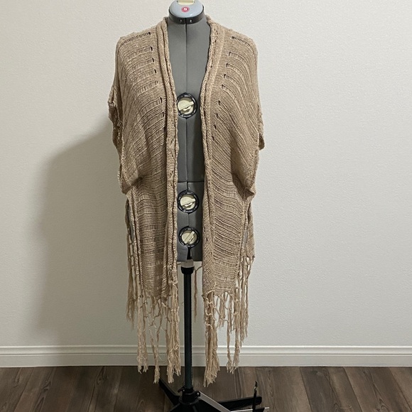 Kori Sweaters - Boho Festival Knit Long Duster Fringe Cardigan Tan Brown